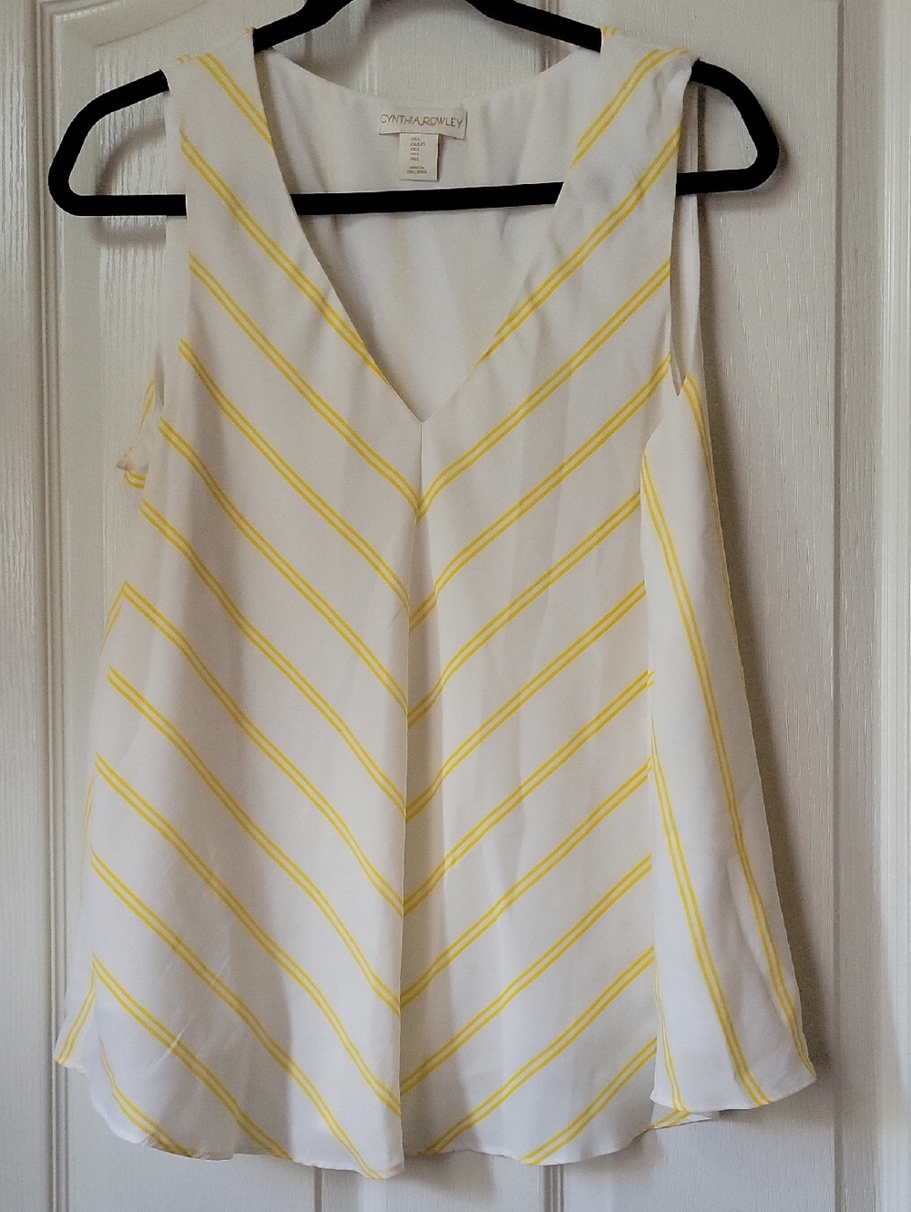 Cynthia Rowley White and Yellow Diagonal-Stripe V-Neck Tank